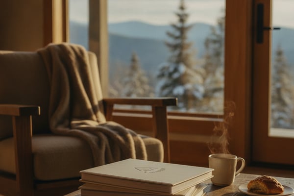 Wooden table with stacked books, mug, and pastry overlooking snow-covered mountains and forest through large windows