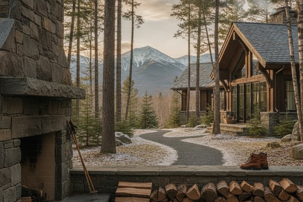 Modern timber lodge with stone fireplace nestled in pine forest, snow-capped mountain visible beyond, stacked firewood in foreground.