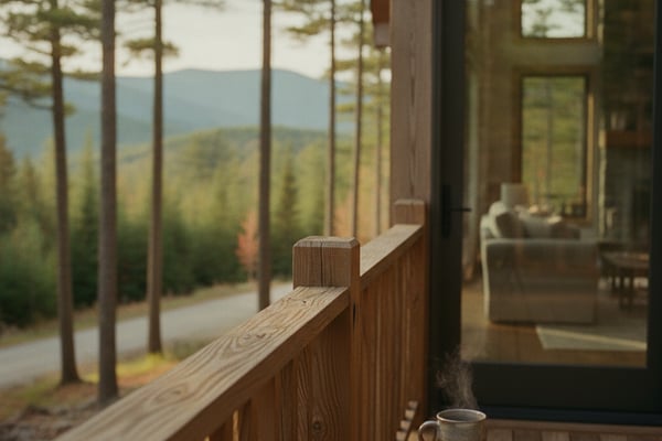 Wooden deck with small table, mug, and papers overlooking forested mountains and lake