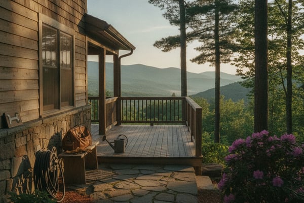 Wooden deck with mountain view, stone patio with flowering shrubs, and rustic cabin exterior among tall pines.