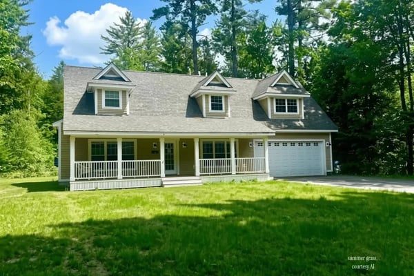 Two-story colonial house with three dormers, white railings, front porch, and attached garage surrounded by tall trees and green lawn.